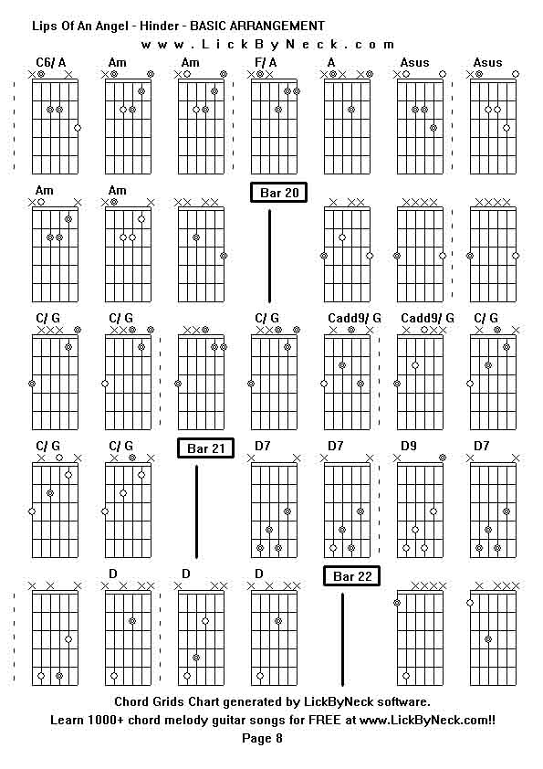 Chord Grids Chart of chord melody fingerstyle guitar song-Lips Of An Angel - Hinder - BASIC ARRANGEMENT,generated by LickByNeck software.